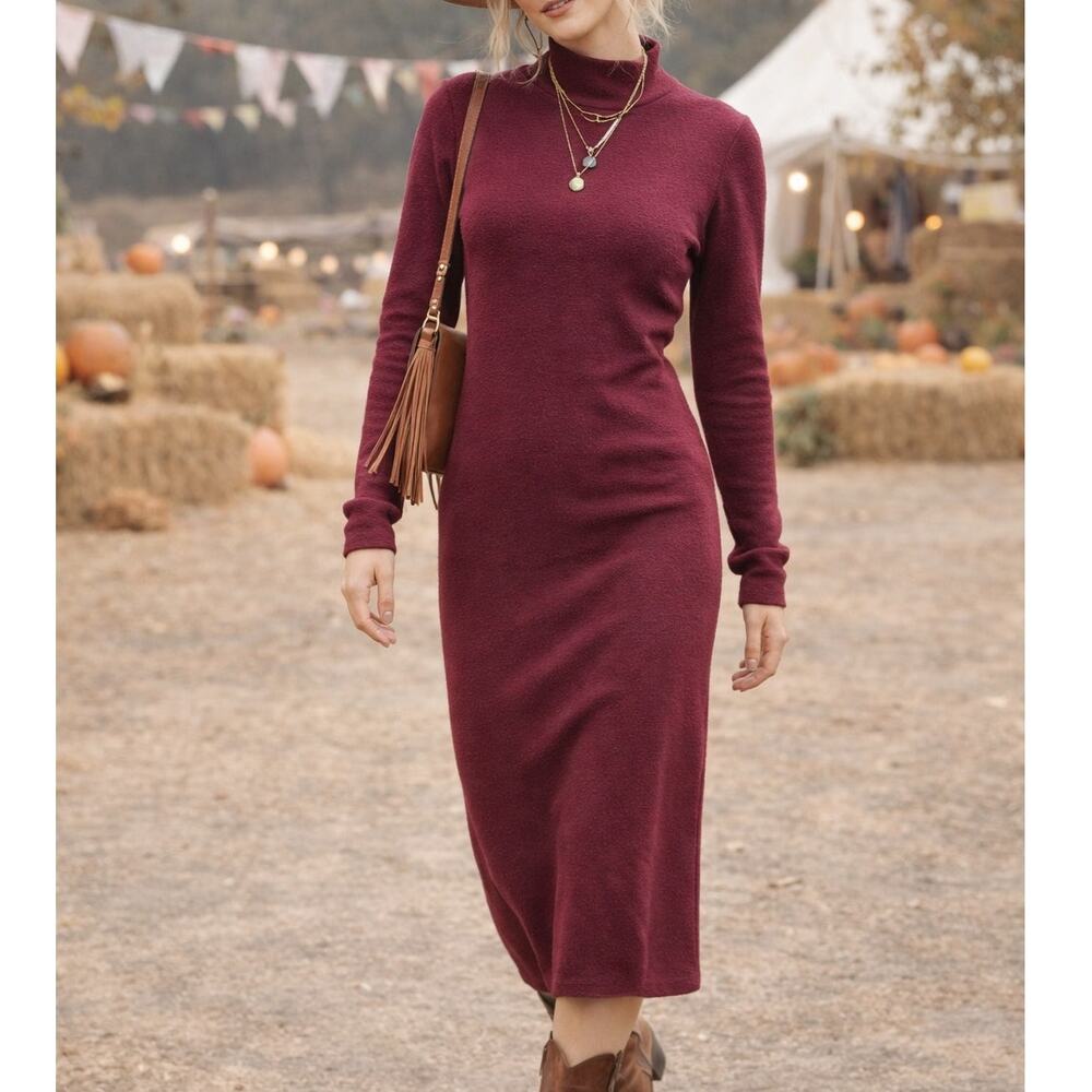 Marine Layer Burgundy Long-Sleeve Turtleneck Midi Dress